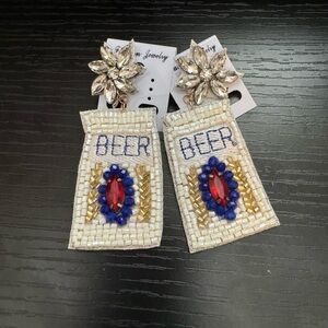 RED WHITE BLUE Rhinestone Beaded BEER AMERICANA Earrings funny gift NEW
